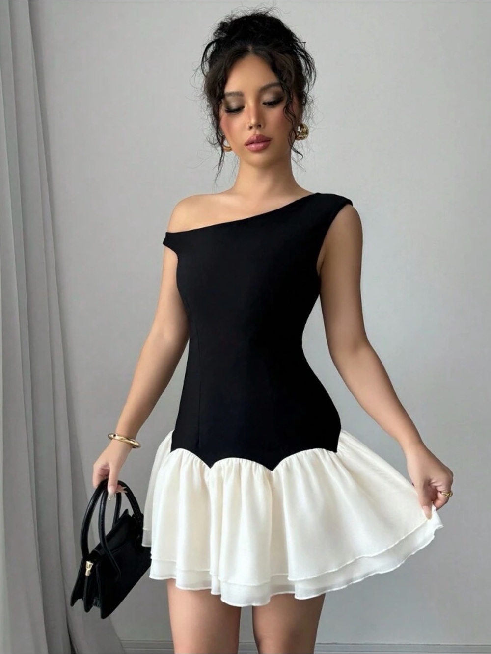 Off the Shoulder Ruffle Hem Mini Dress